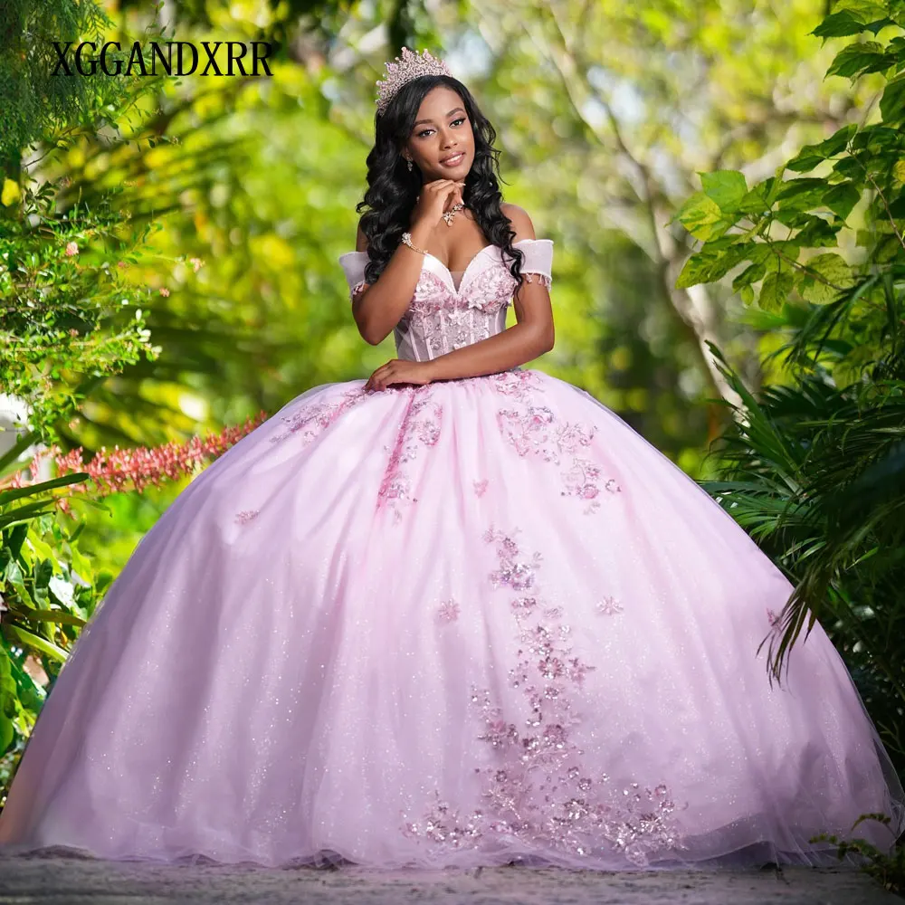 

Розовое платье Quinceanera по индивидуальному заказу, 2025 Vestidos De 15 Sweet 16, милое платье с открытыми плечами, расшитое бисером и блестками, сладкий 16-летний гала на день рождения