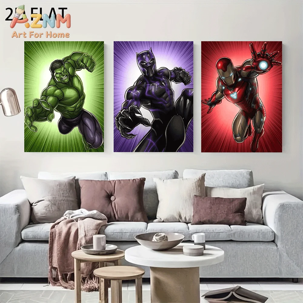 AZNM Comic Superhero Canvas Wall Art Frameless Poster Hulk Black Panther Iron Man Burst Background Print Home Decor for Boys Bed