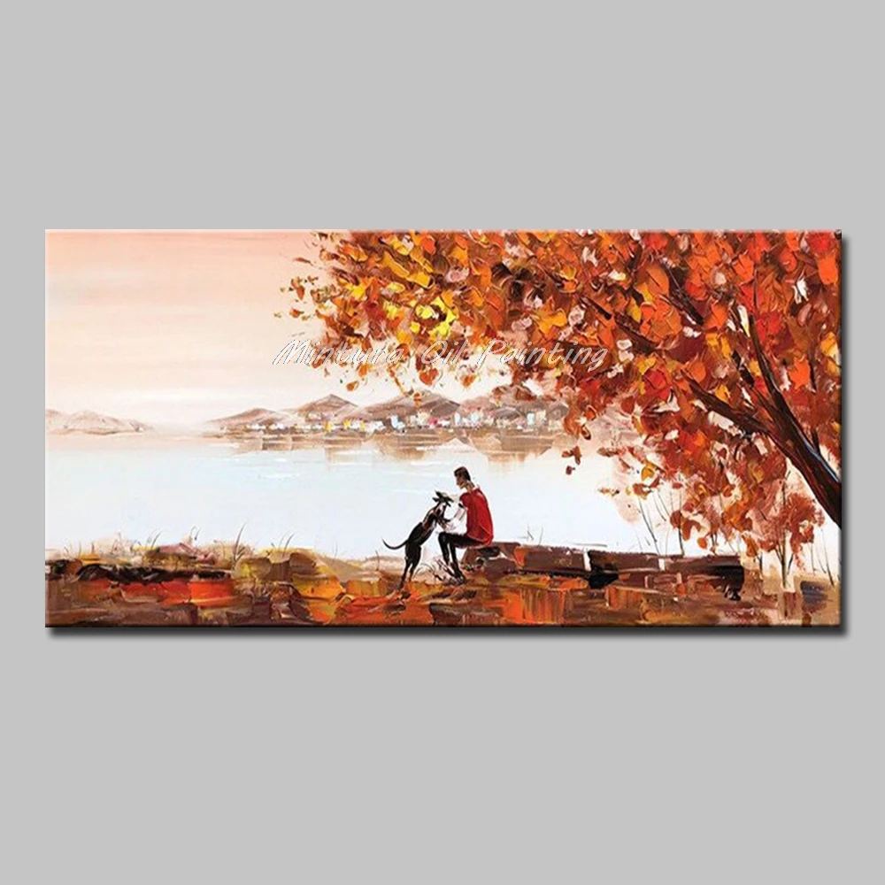 Mintura Oil Paintings for Living Room,Home Decor Acrylic Canvas,Dogs and People Under a Maple Tree  Poster Art Picture No Framed