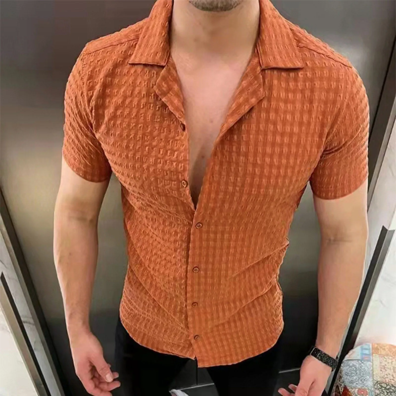 

2023 Summer Men Short Sleeve Shirts Solid Color Hawaiian Style Casual Lapel Slim Fit Buttons Shirts Social Dress Blouse Male Top