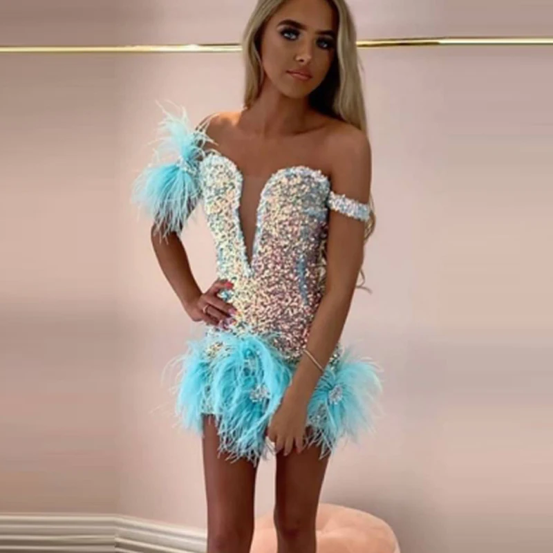 Sky Blue Sequin Dress for Women Handmade Feather Party Dress Above Knee Length Short Prom Gowns Sheer Off Shoulder