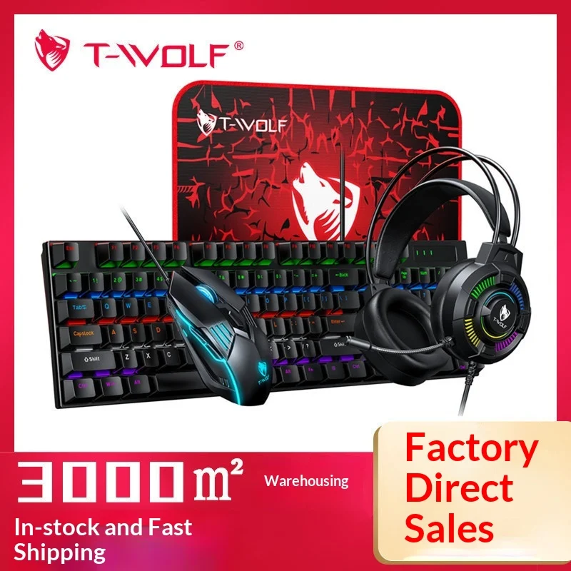 T-WOLF TF700 4 In 1 Gaming Set Mechanical Blue Switch RGB Backlit Keyboard Gaming Mouse Headset Mouse Pad For Russian PC Gamers