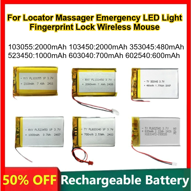 

Полимерная литиевая батарея 3,7 В для локатора-массажера, аварийный светодиодный светильник, замок по отпечатку пальца, беспроводная мышь, перезаряжаемая сумка, батарея