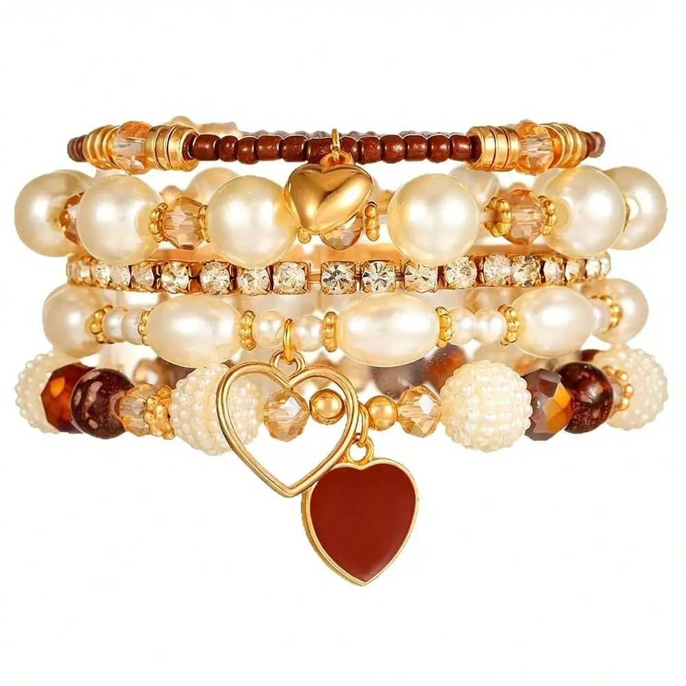 Stackable Beaded Bracelets Set For Women, Multicolor Stretch Faux Pearl Heart Crystal Stretchy Bangles Multilayered Handmade F