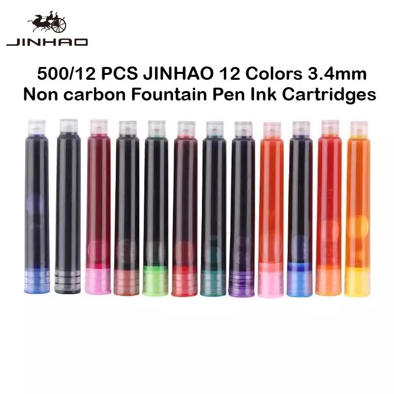 

500/12 шт. JINHAO, 12 цветов, перьевая ручка, универсальные неуглеродистые картриджи 3,4 мм, сменные картриджи для мешков, школьные и офисные принадлежности, канцелярские принадлежности
