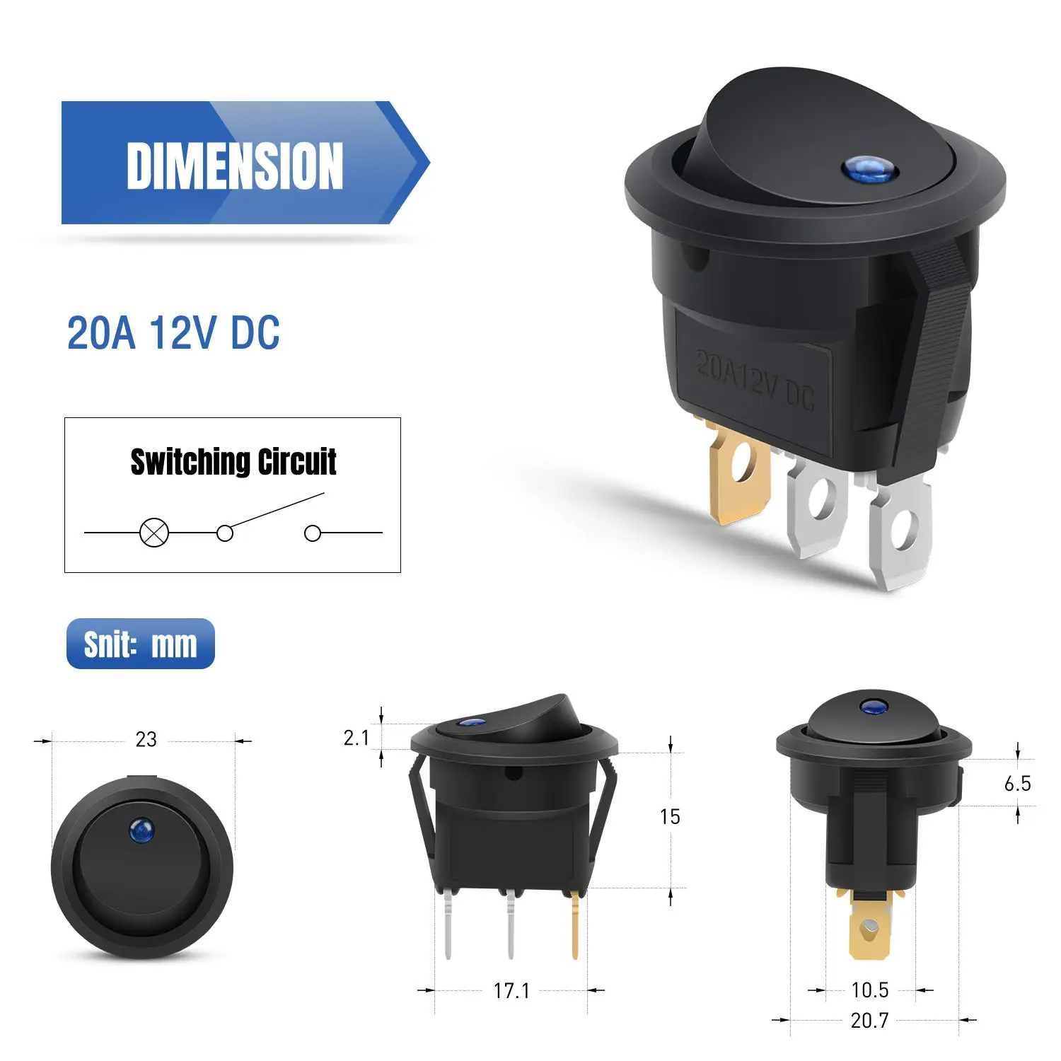 12V LED Light Round Boat Rocker Switch Auto Boat Toggle SPST On-Off 20A for Control Illuminated 3 Pin Car Auto Boat Truck