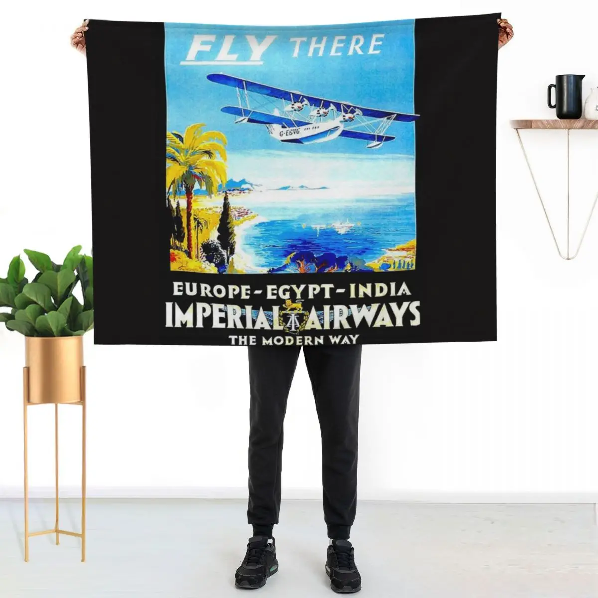 IMPERIAL AIRWAYS : Vintage Fly to Europe Egypt and India Advertising Print Throw Blanket Soft Big Plush Tourist Custom Blankets