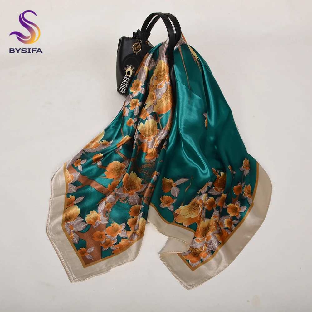 Fashion Brand Women Beige Polyester Silk Scarf Shawl New Style Big Square Ladies Satin Scarves Hijabs Printed Silk Wraps 90*90cm