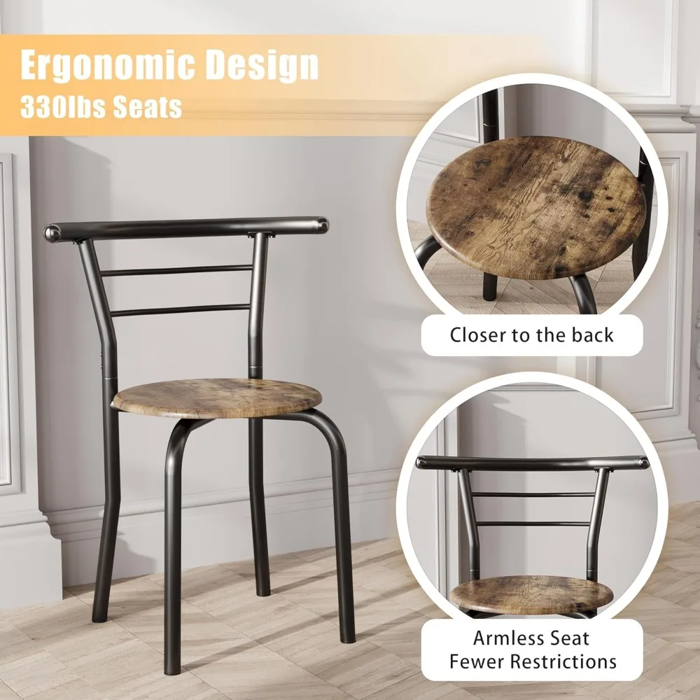 3-Piece Wooden Round Table & Chair Set, Space Saving Kitchen Breakfast Nook Wood Grain Tabletop with Metal Frame and Built-in St