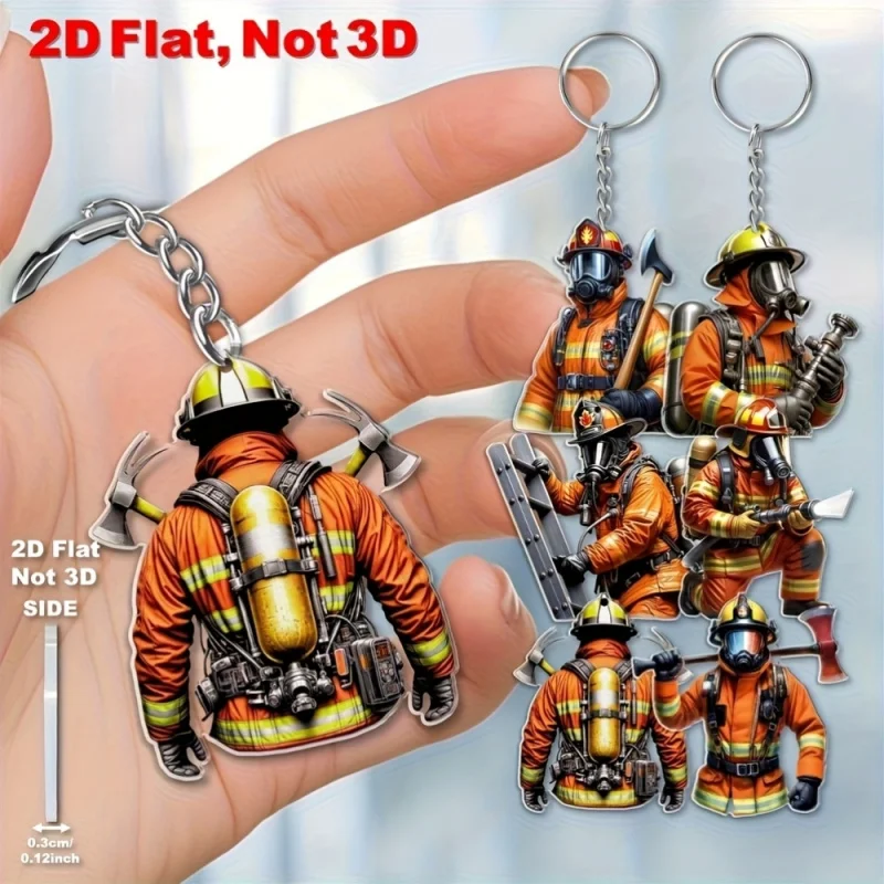 6pcs 2D Flat Firefighter Keychain Set, Heroic Fireman Pendant with Helmet Axe Gear, Durable Acrylic for Keys Bags, Perfect Gift