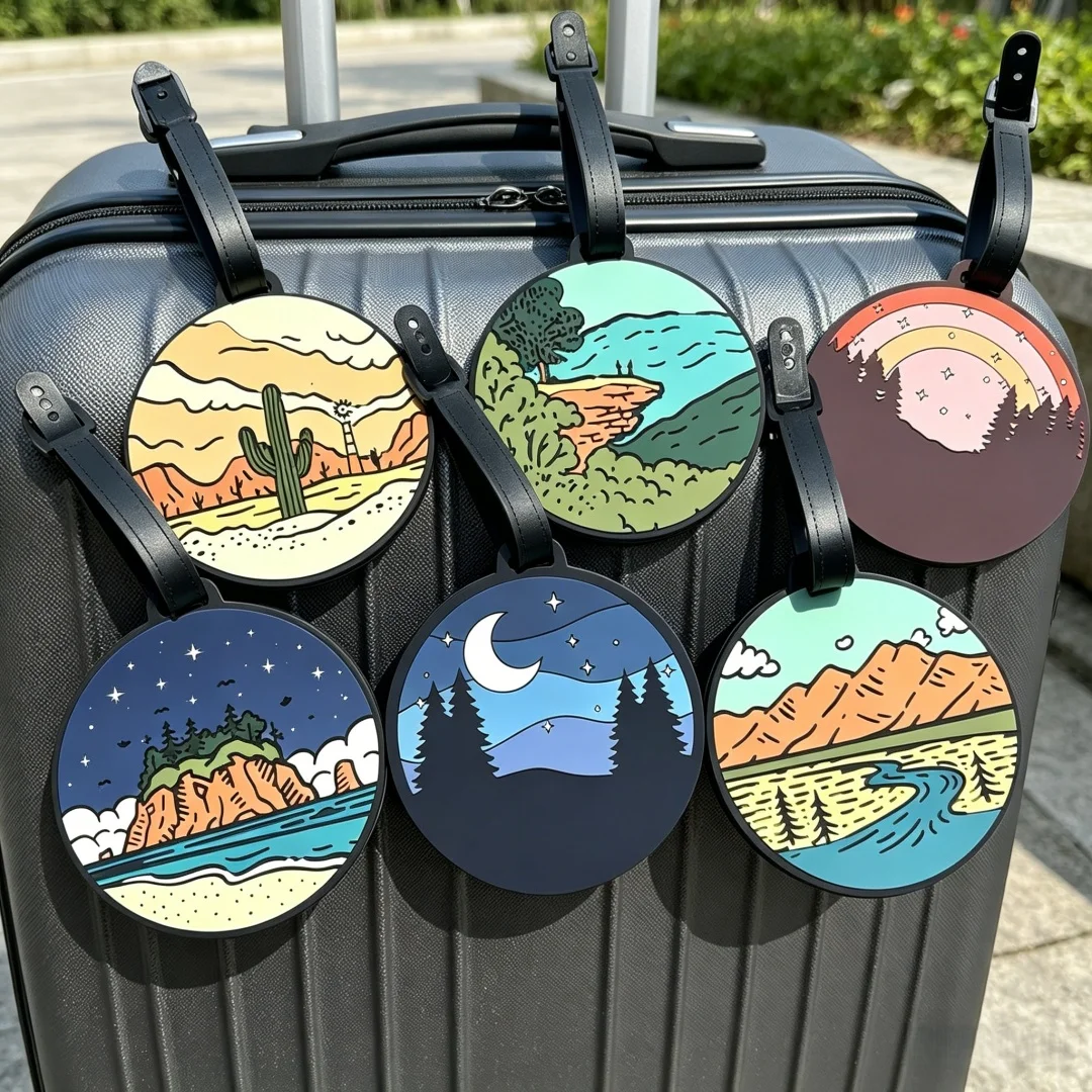 Circular landscape illustration luggage tag, outdoor mountain, desert, starry sky luggage tag, silicone lanyard travel name tag