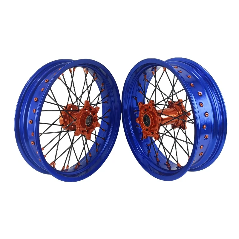 

Комплект колес Supermoto для KTM EXC SXF MC XC 16/17/18/21 дюймов с синими дисками и оранжевыми ступицами