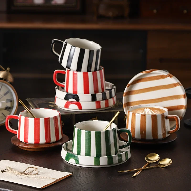 1SET Simple Hand-painted Striped Ceramic Mug Creative Multi-color Gift Cup Home Practical Coffee Cup Saucer