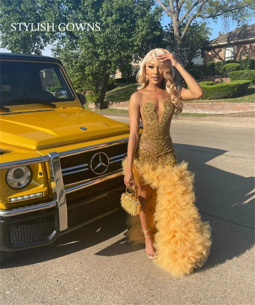 Luxury Gold Long Prom Dresses Black Girls 2026 Rhinestone Bead Ruffles Birthday Pageant Party Gowns High Slit Customized