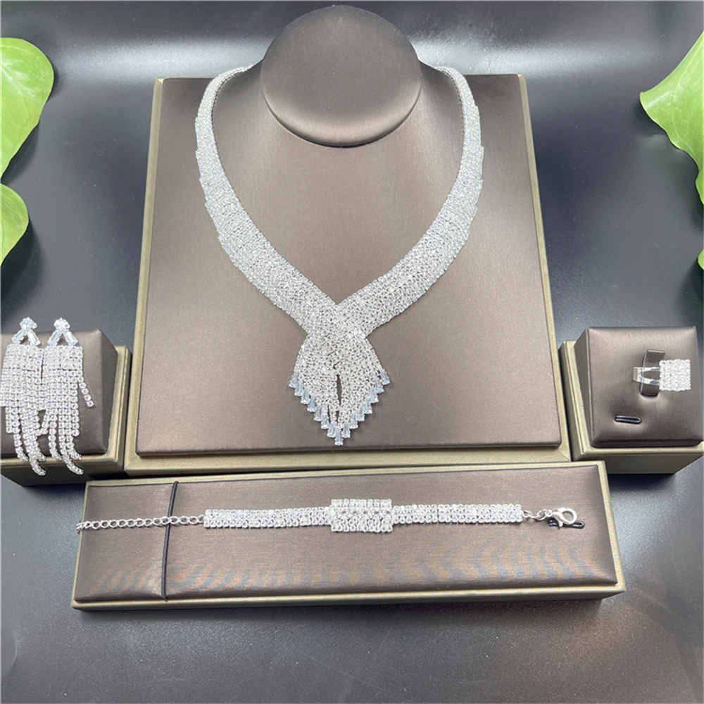 4pc Luxury Rhinestone Earrings Necklace Ring Bracelet Set