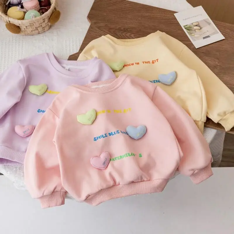 

Girls' Spring Autumn Long Sleeve T-Shirt Heart Pattern Round Neck Hoodie Loose Cute Kids Soft Cotton Comfortable Tee Daily Wear