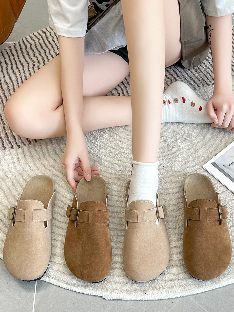 Retro Cork  Slippers Women's Spring Summer New Style Velvet Surface Slip-On Mules Flat Heel Anti-Slip Casual Shoes