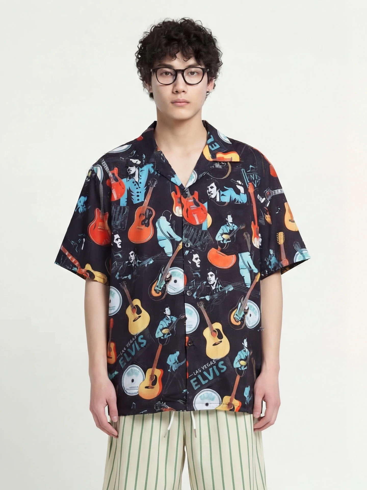 

Loose Fit Rock Style Short Sleeve Shirt Unisex Breathable Polyester Casual Wear for Youth Daily Summer Fashion Guitar Records
