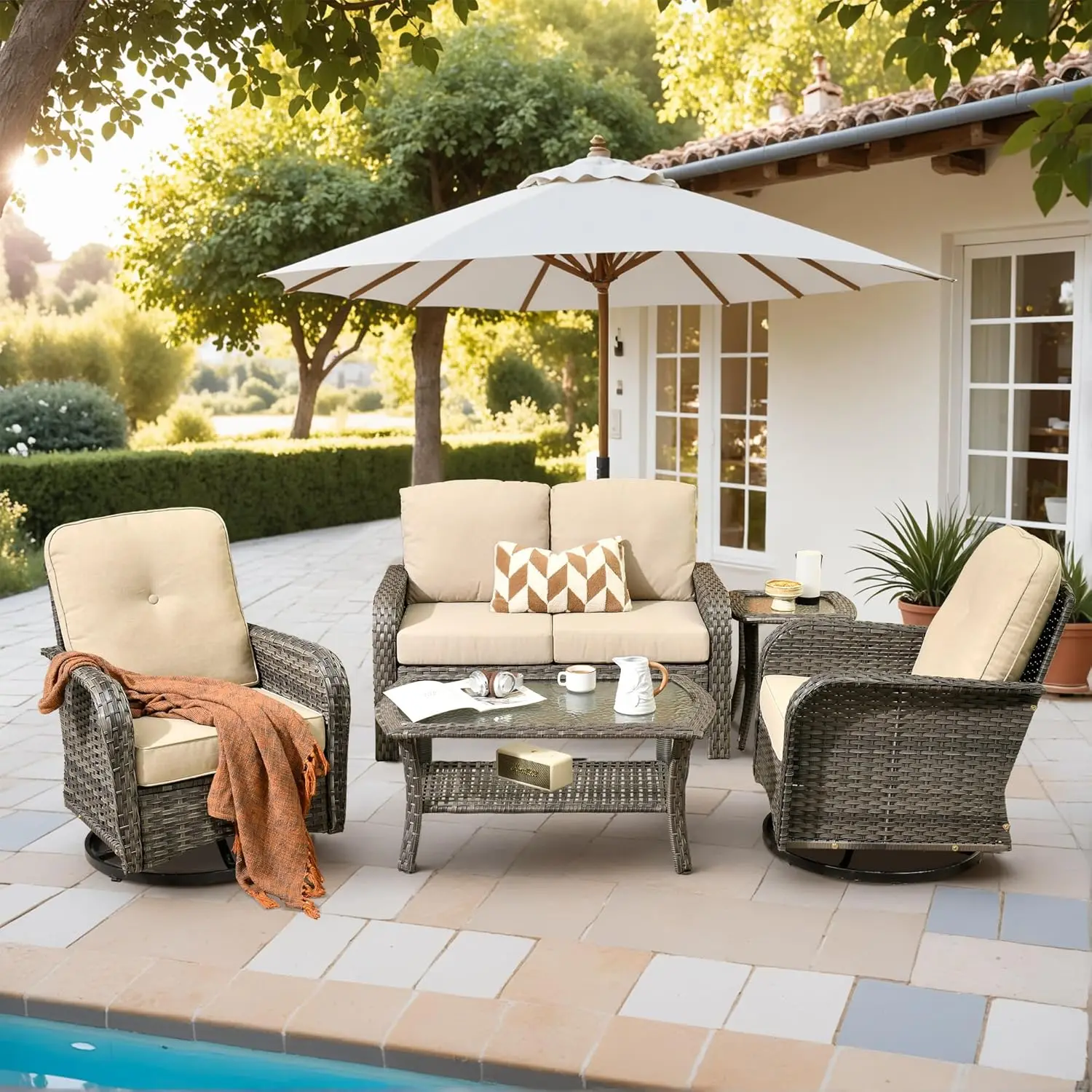 

5 Piece All Weather Wicker Outdoor Patio Furniture Set Rocking Chairs Coffee Table Backyard Garden Poolside Customized