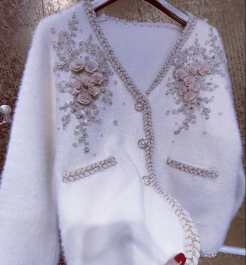 أحجار الراين على شكل زهرة، خرز صناعي ثقيل، لآلئ مهدب، دانتيل سميك، سترة صوفية قطيفة معطرة صغيرة