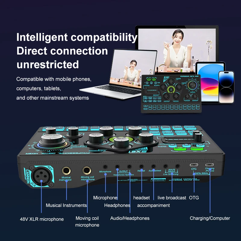 SX91 Audio Mixer Sound Card with Voice Changer Podcast Mixer Sound Card For Karaoke Phone Gaming Live Studio Streaming Podcasts