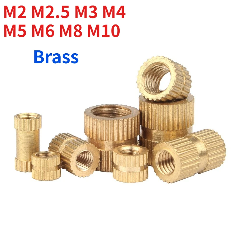 Double-grooved Knurled Brass Insert Nuts, Straight-through, Copper Injection-moulded Threaded Inserts M2 M2.5 M3 M4 M5 M6 M8 M10