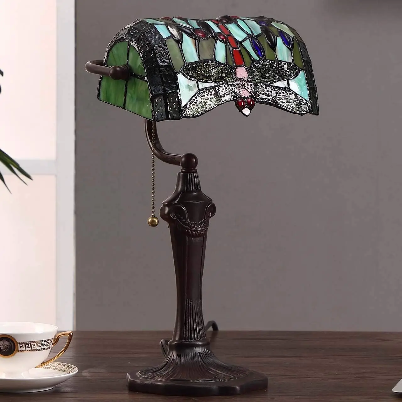 Dragonfly Tiffany Style Stained Glass Banker Table Lamp with 10-inch Wide Lampshade and Zinc Base for Reading Worki