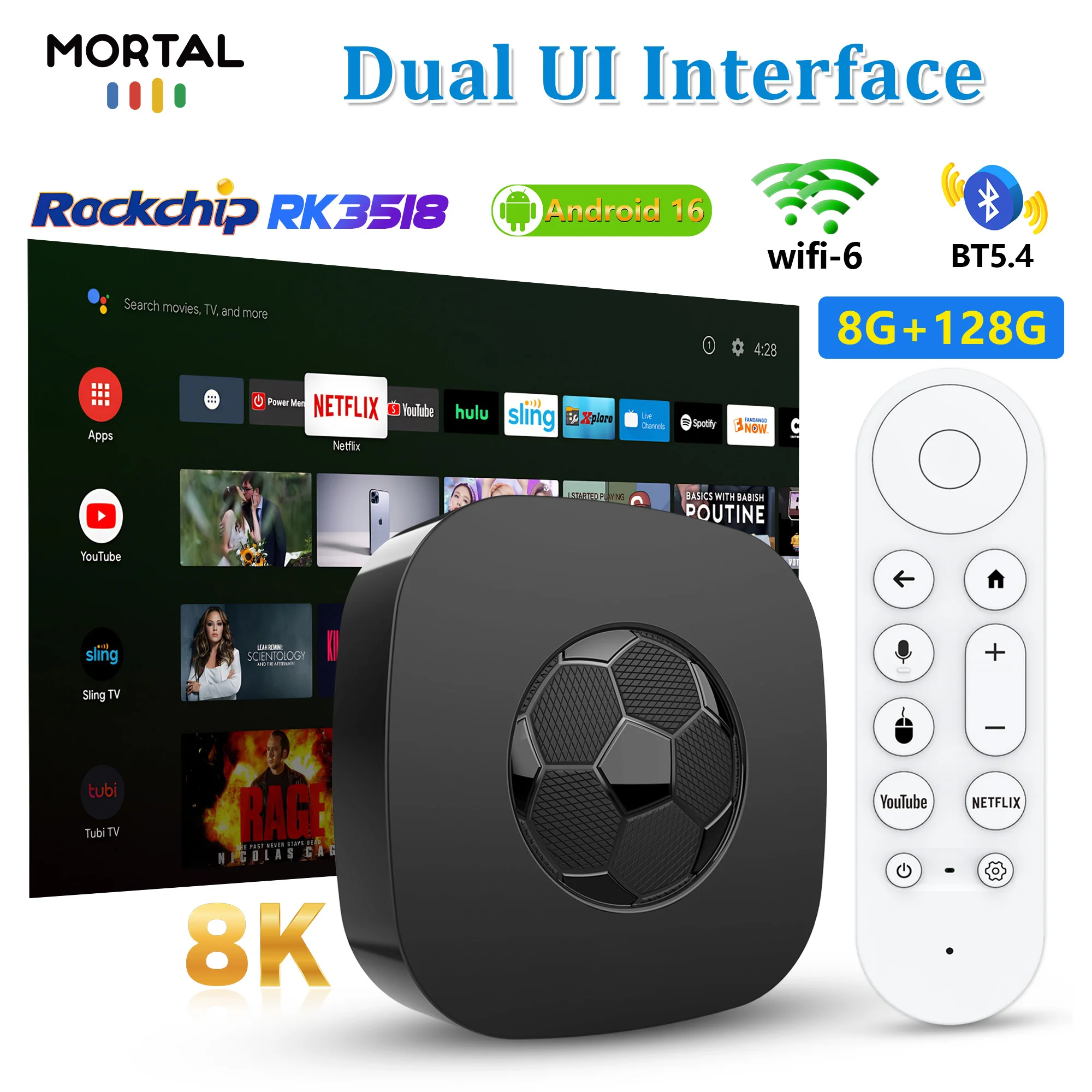 Mortal TV Box Android 16 16G 128G RK3518 Voice Control 4K 1080P 1000M WIFI6 T1 Ultra Bluetooth 5.2 Portable Media Player TV Box
