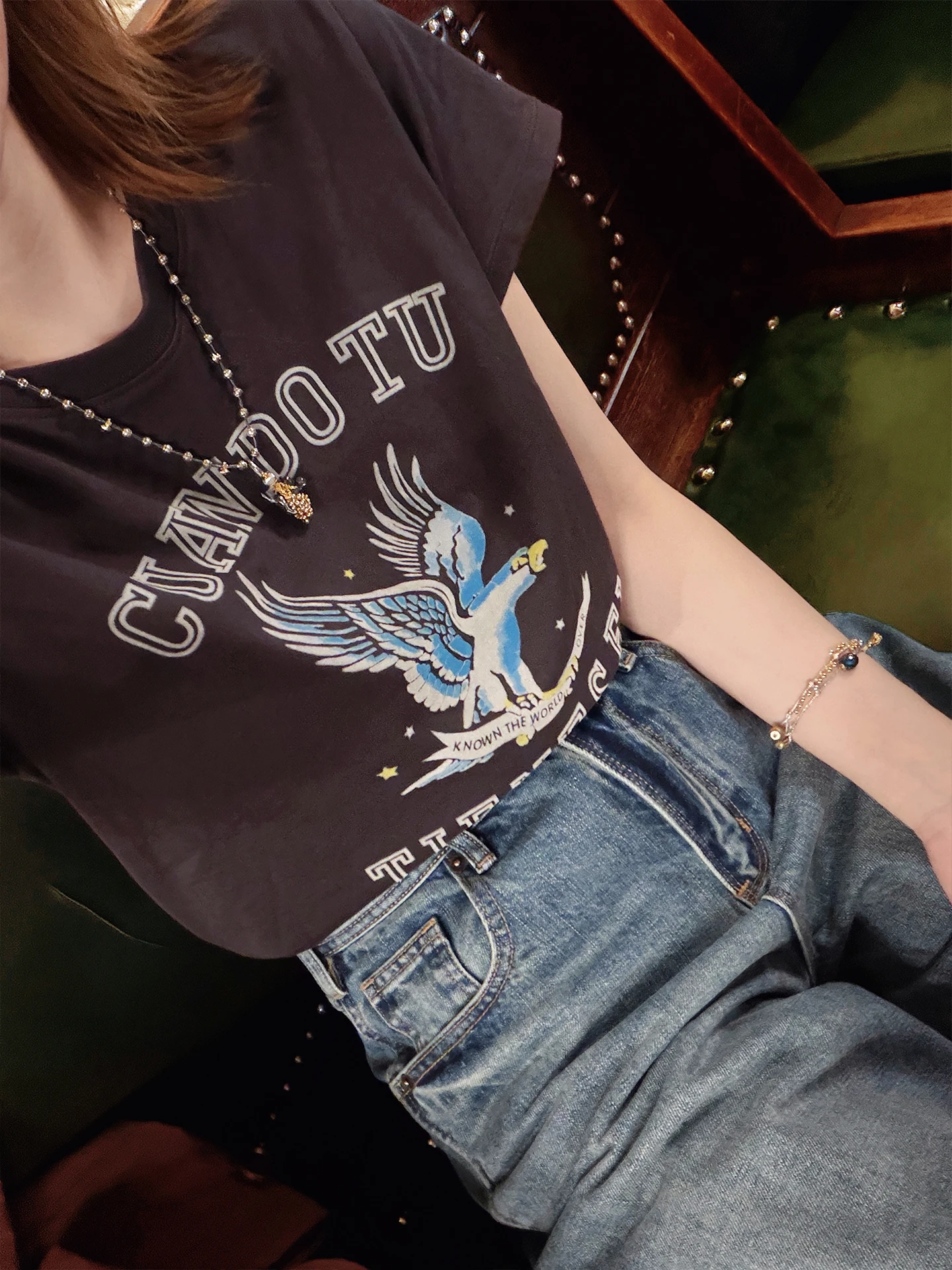 

Retro Washed Flocking Eagle Print round Neck Short Sleeve T-Shirt Women Spring Summer Simple Versatile Cotton Comfortable Top