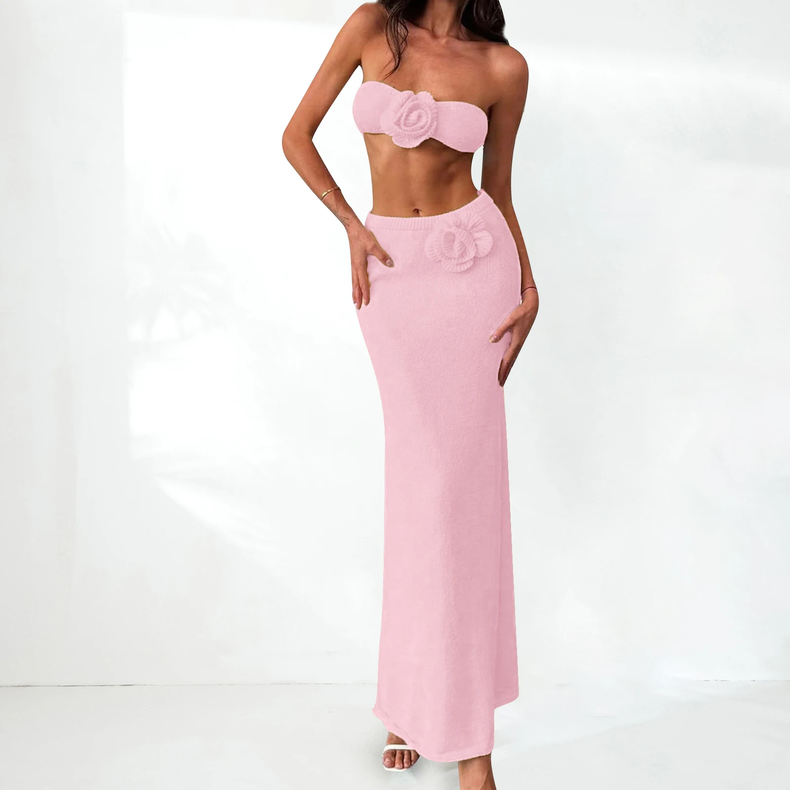 

Summer Strapless 3D Flower Tube Tops and Long Skirt Set Women’s Two Piece Summer Outfits Beachwear