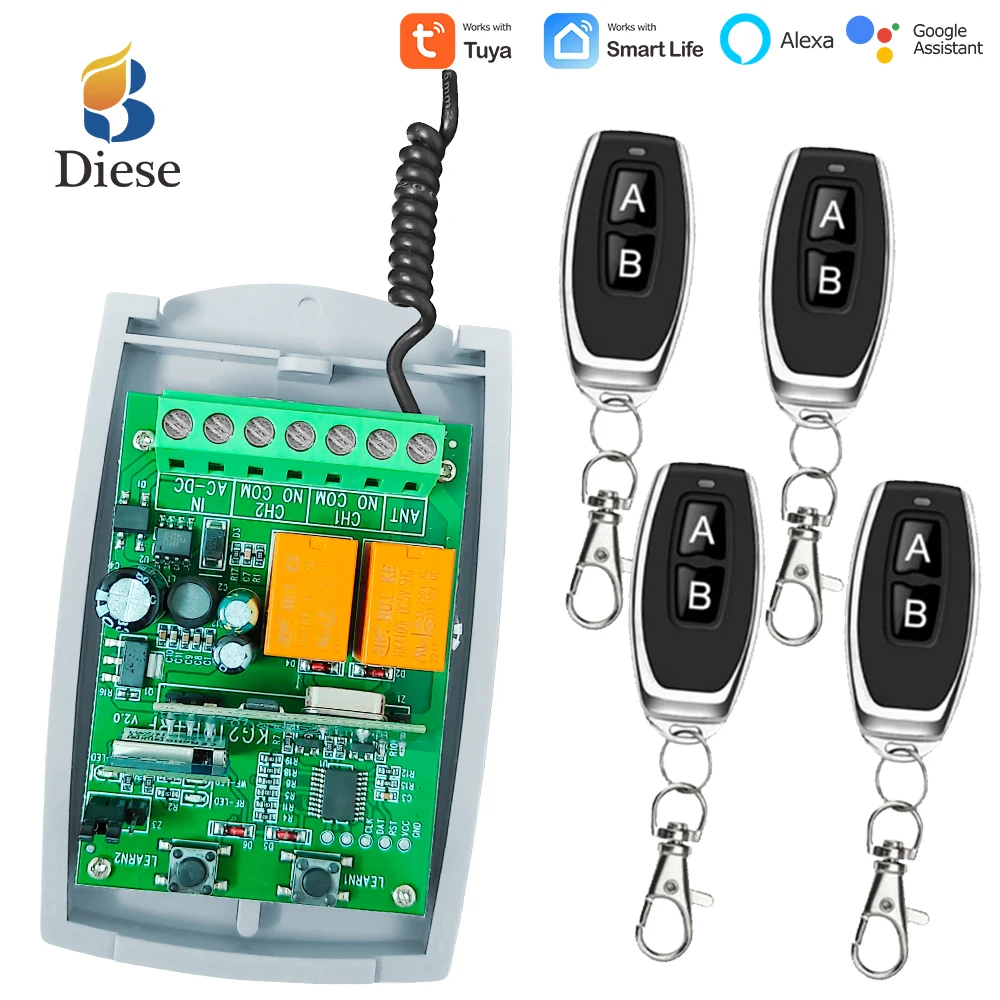 Tuya Universal Smart Wifi Receiver 2CH AC DC12V 24V Garage Door Remote Control Opener Controller Rolling Code 433Mhz Transmitter