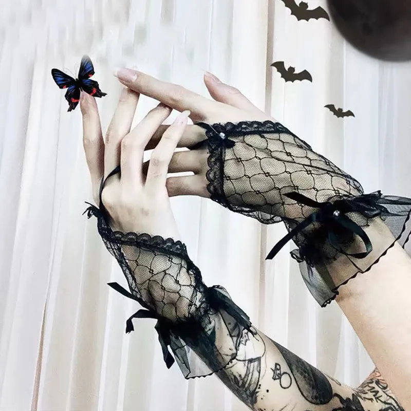 

Перчатки без пальцев в стиле Лолита для девочек, черные кружевные перчатки с манжетами на запястьях, короткие перчатки в стиле панк, свадебные сетчатые перчатки