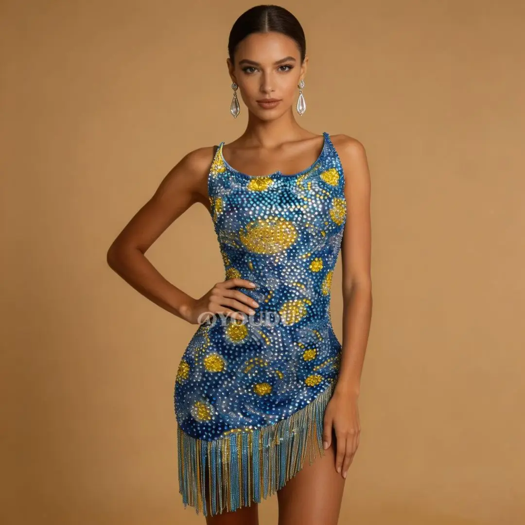 Fangao Sparkly All Over Starry Pattern Rhinestone Mini Gown Spaghetti Strap Long Tassel Fringe Birthday Photoshoot Outfit