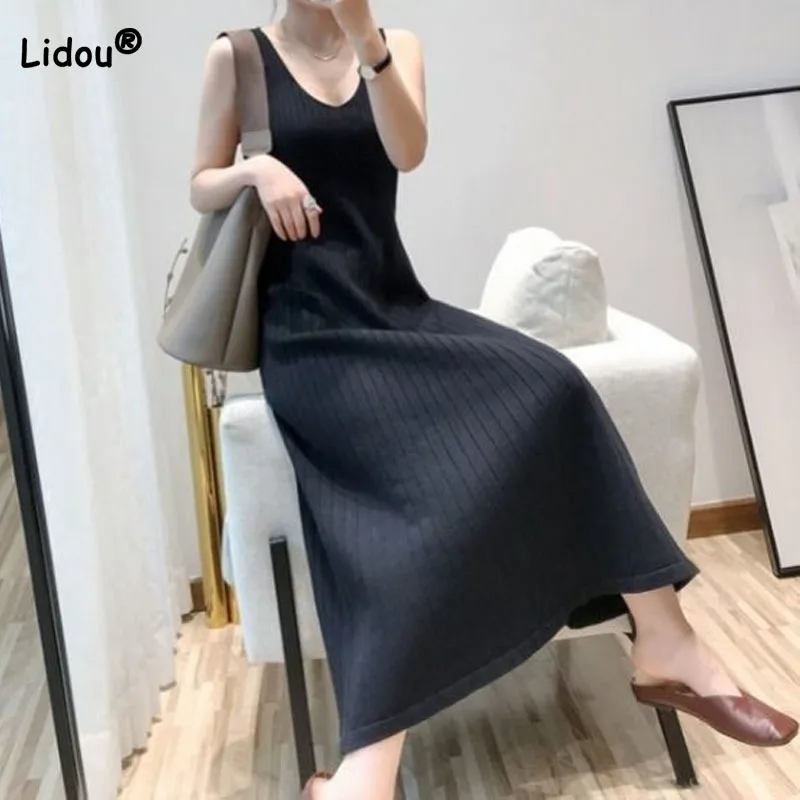 

Fashion Elegant Solid Color Knitted Slip Dress for Female Autumn Winter Slim Simplicity Sleeveless Long Dresses Female Clothing