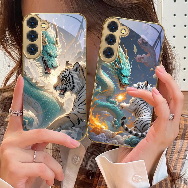 

Green Dragon and White Tiger For Samsung Galaxy S26 S20 FE S21 22 23 Plus 24 Ultra 25Ultra 21+ S9 22Plus Golden glass phone case