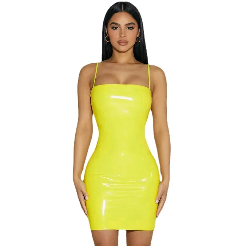 New Sexy Faux Leather Dress Backless Club Party Short Dress Solid Black Wet Look Latex Bodycon Push Up Bra Mini Micro Dress