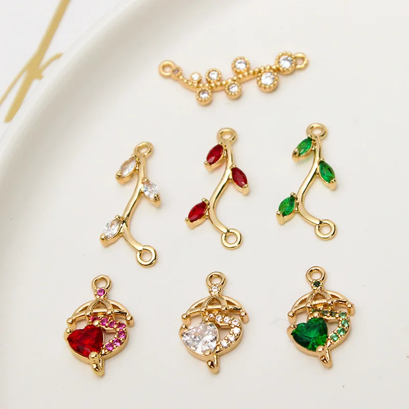 1pcs Diy Accessories Pendant Copper Inlaid Zircon Leaves Rattan Branches Love Umbrella Earrings Jewelry Necklace Material Charms