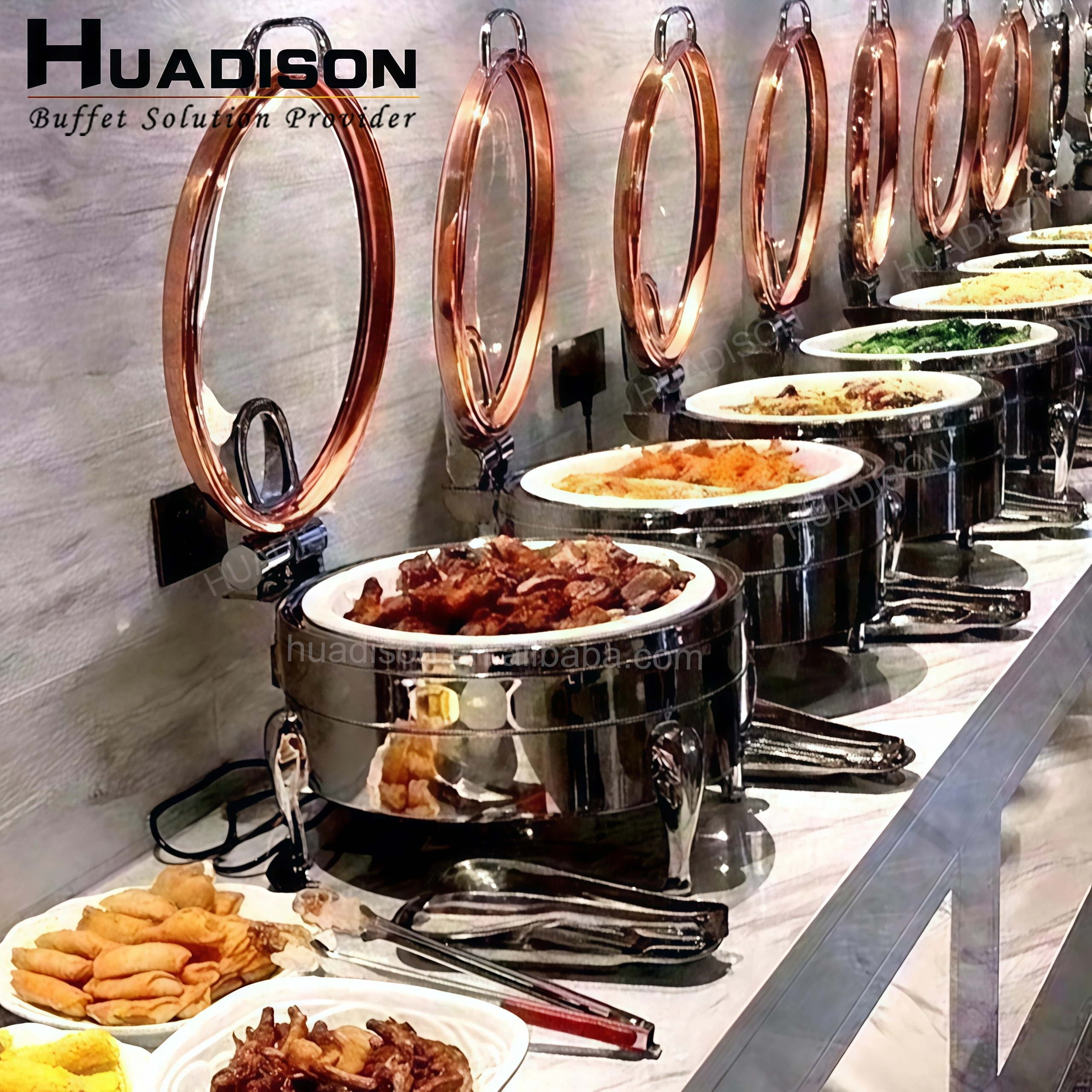 Huadison Hotel Equipment 304 Stainless Steel Round Rose Gold 6L Chaffing Dish Food Warmer Set For Catering