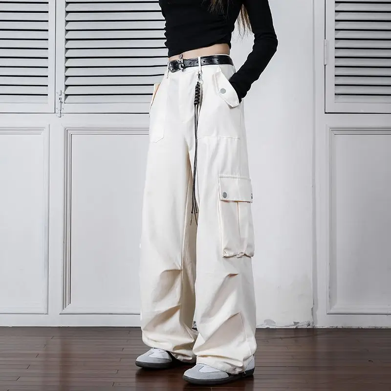 

Мужская одежда, однотонные эластичные карманы с высокой талией и пуговицами, свободные весенне-осенние брюки-карго, широкие корейские модные брюки