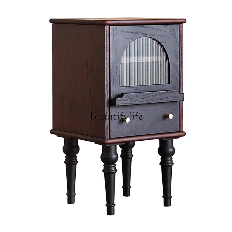 

French retro solid wood bedside table American drawer locker