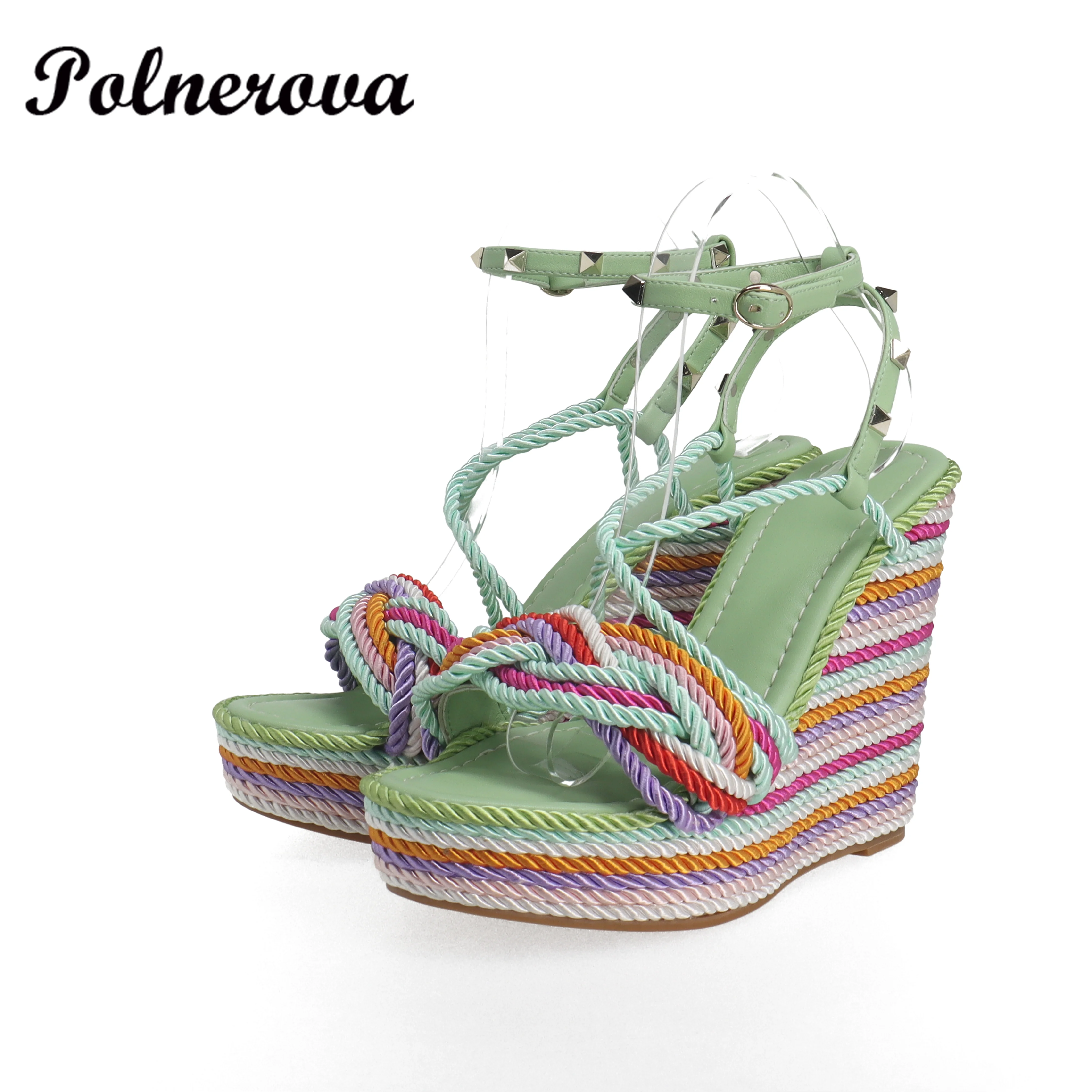 

Rainbow Hemp Rope Women's Mixed Color High Heel Espadrilles Open Sandals Buckle Thick Sole Plus Size 35-42 Dress Casual Shoes