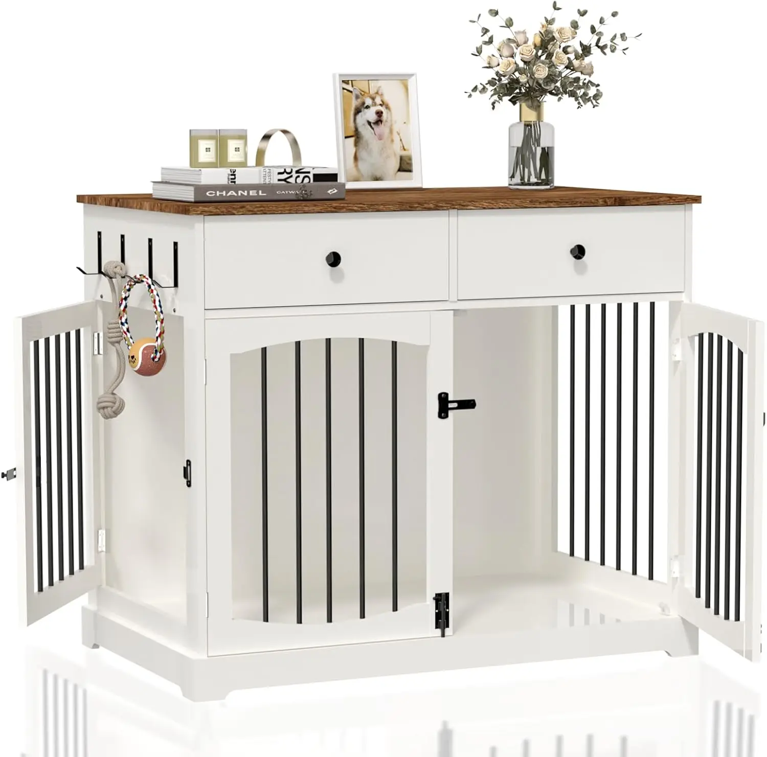 

Dog Crate Furniture-Farmhouse Dog Kennel with Drawers-End Table Wooden Pet Crate, Double Door Design, Decorative Dog House