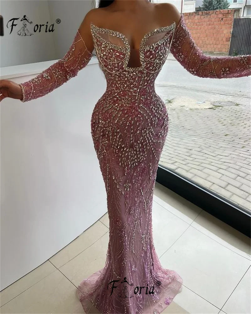 Vestido de fiesta de sirena con cuentas de cristal de lujo, vestido de gala para mujer, vestidos de graduación rosas con cuentas de manga larga personalizados para mujer 2025