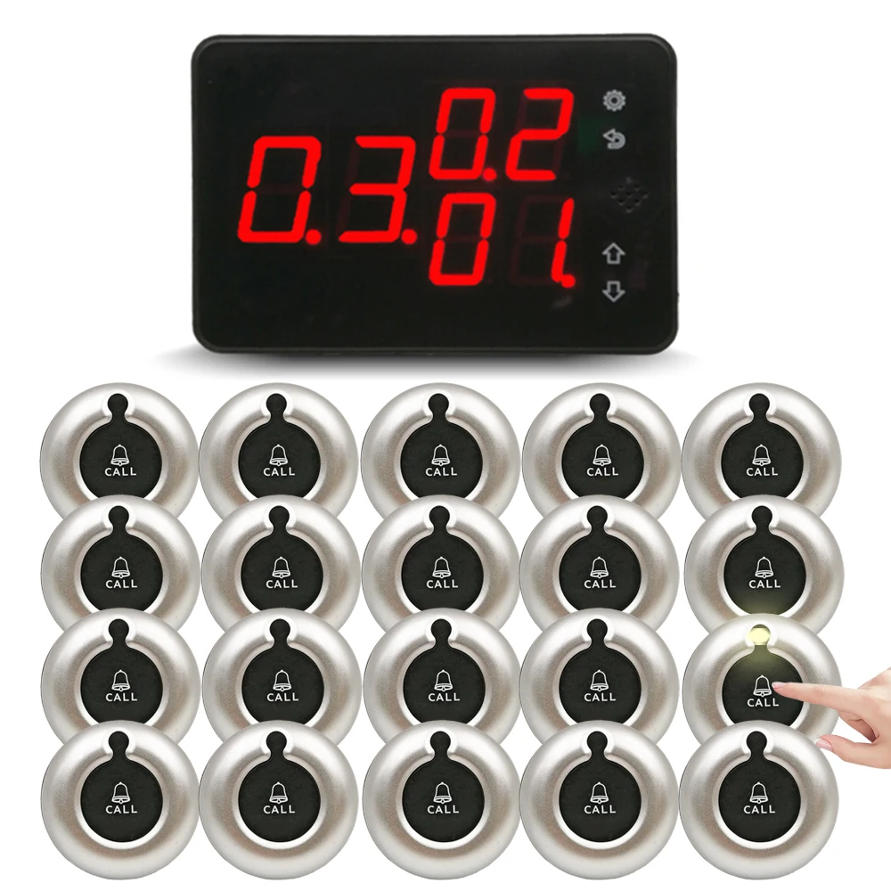 Wireless Call Bell Number System Restaurant Waiter Pager Machine SET 1 Receiver Monitor with 20 Vibration Bell Button Service