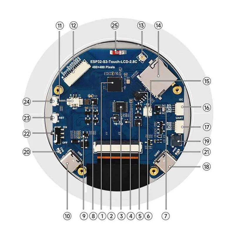 ESP32 S3 2.8 Inch LCD Development Board 480X480 Captive Touchscreen Display With QMI8658 6-Axis Sensor-ABIU