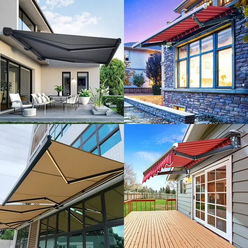 Heavy Duty Aluminum Frame Retractable Full Box Awning with Remote LED Light All Weather Rain Cover for Outdoor Gardens