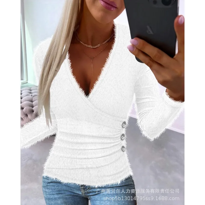 Nieuwe Vrouwen Slim Fit Geplooide Knoop Trui 2023 Herfst Winter Pluche Top Vrouwen Mode Effen Kleur Lange Mouw V-Hals Trui Top