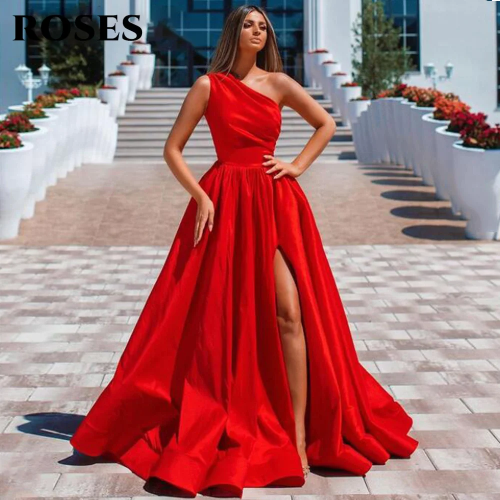 Vestido de noche de un hombro, rojo, azul real, para baile de graduación, línea A, plisado, Formal, elegante, para boda, fiesta