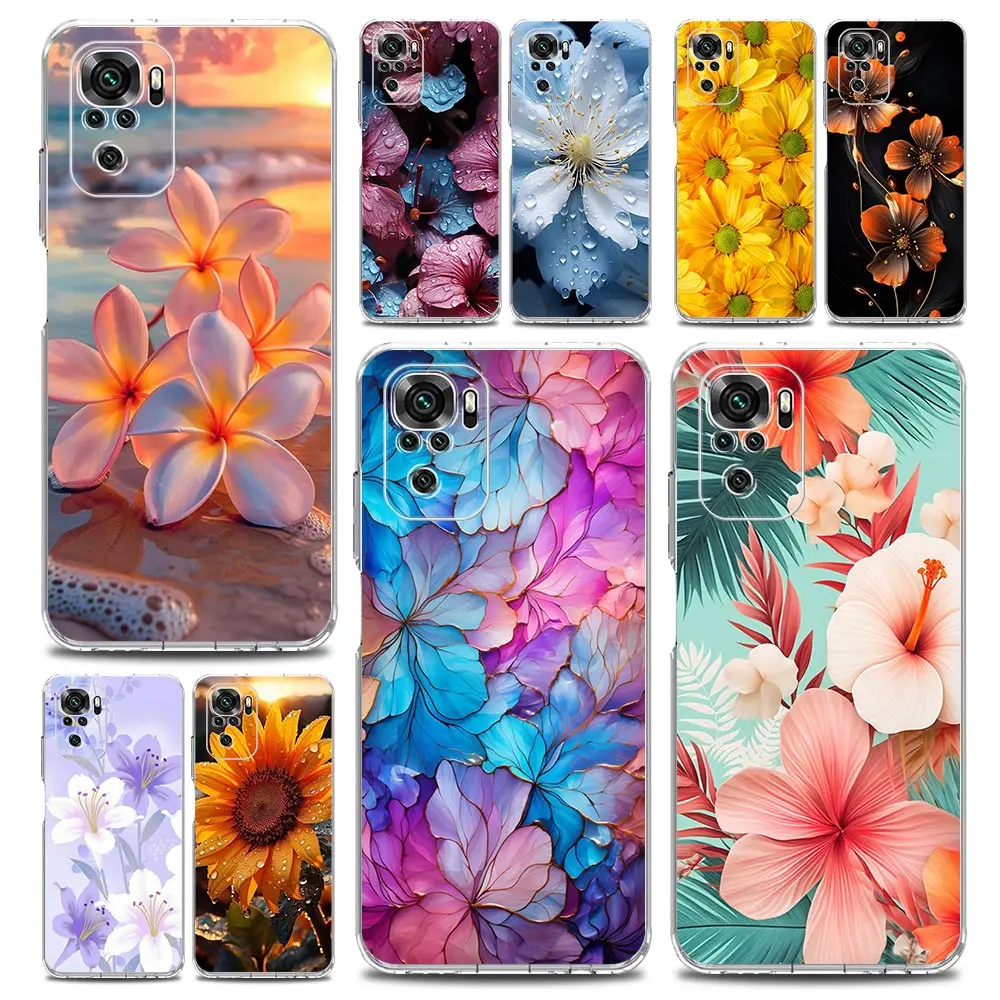 Phone Case For Xiaomi Redmi Note 13 12 5G 9S 9 8 10 11 Pro Plus 4G 9T 13C 12C 10C 9C 9A 7 Pro Clear Cover Beauty Flowers Leaves