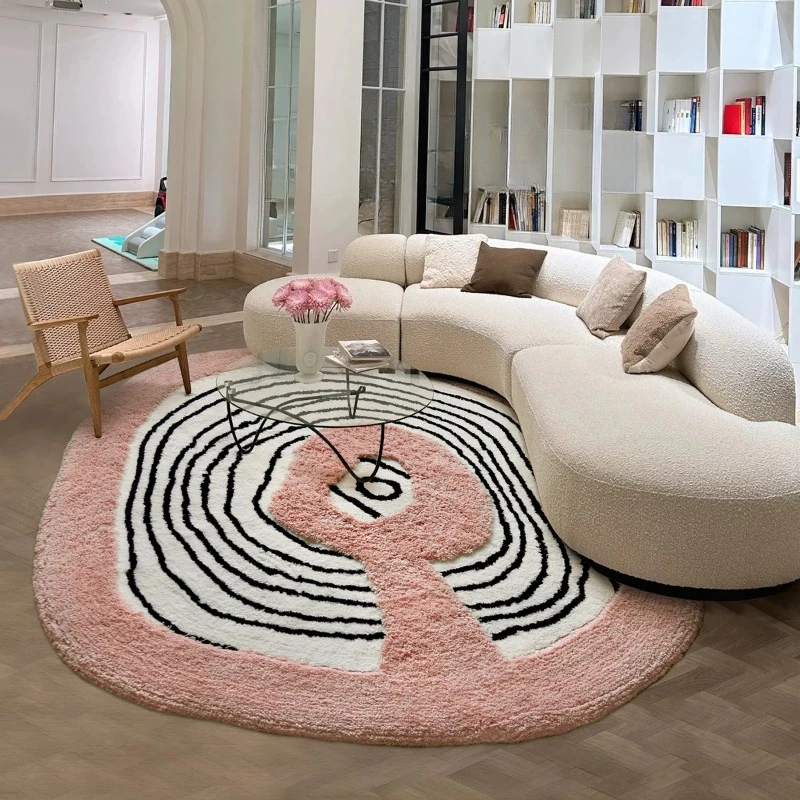 French Art Design Alien Irregular Round Pink Milk Silk Long Hair Living Room Bedroom Bedside Carpet